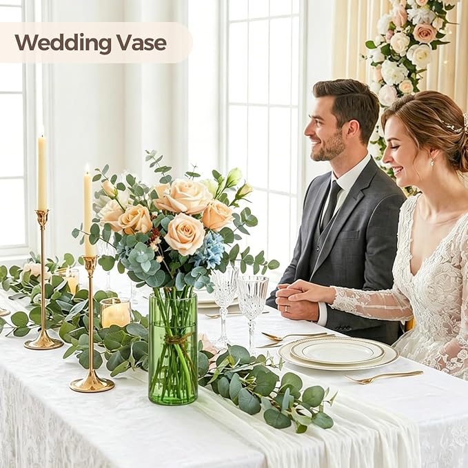 ComSaf Glass Cylinder Vases, Bud Vase for Centerpieces, 8 Inch Tall Ribbed Vase Hurricane Floating Candle Holder, Decorative Flower Vases for Wedding Reception, Home Decor, Housewarming Gift (Green)