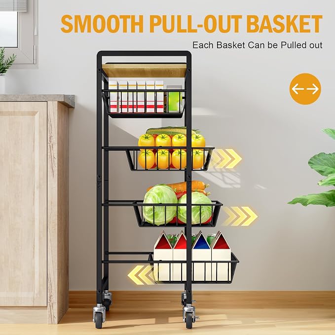 TOOLF 5-Tier Kitchen Cart with Tabletop, Rolling Snack Cart with Lockable Wheels, Fruit Vegetable Storage Basket with 4 Pack Mats, Metal Storage Rack with Pull-Out Pantry Cart for Organizer