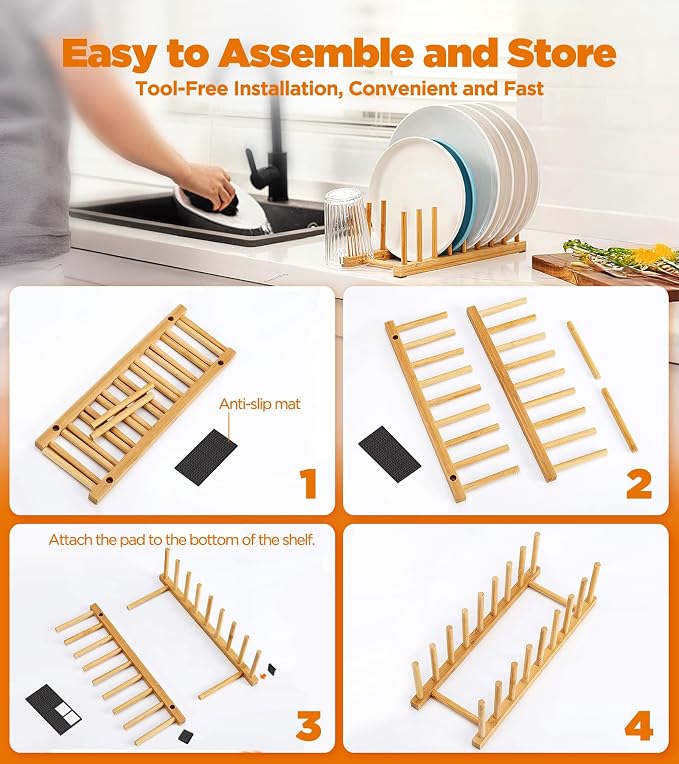 Bamboo Dish Drying Rack, 2 Pack Wooden Storage Holder Organizer for Plate/Bowl/Cup/Book/Pot/Lid/Cutting Board Drying Rack Stand Holder
