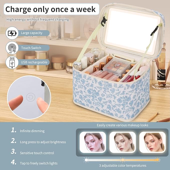 OCHEAL Large Makeup Bag With LED Mirror, Lightweight Travel Makeup Bag With 3 Color Setting Light Up Mirror Cosmetic Makeup Organizer Vanity Case for Women Beauty Tools Accessories Train Case-Floral