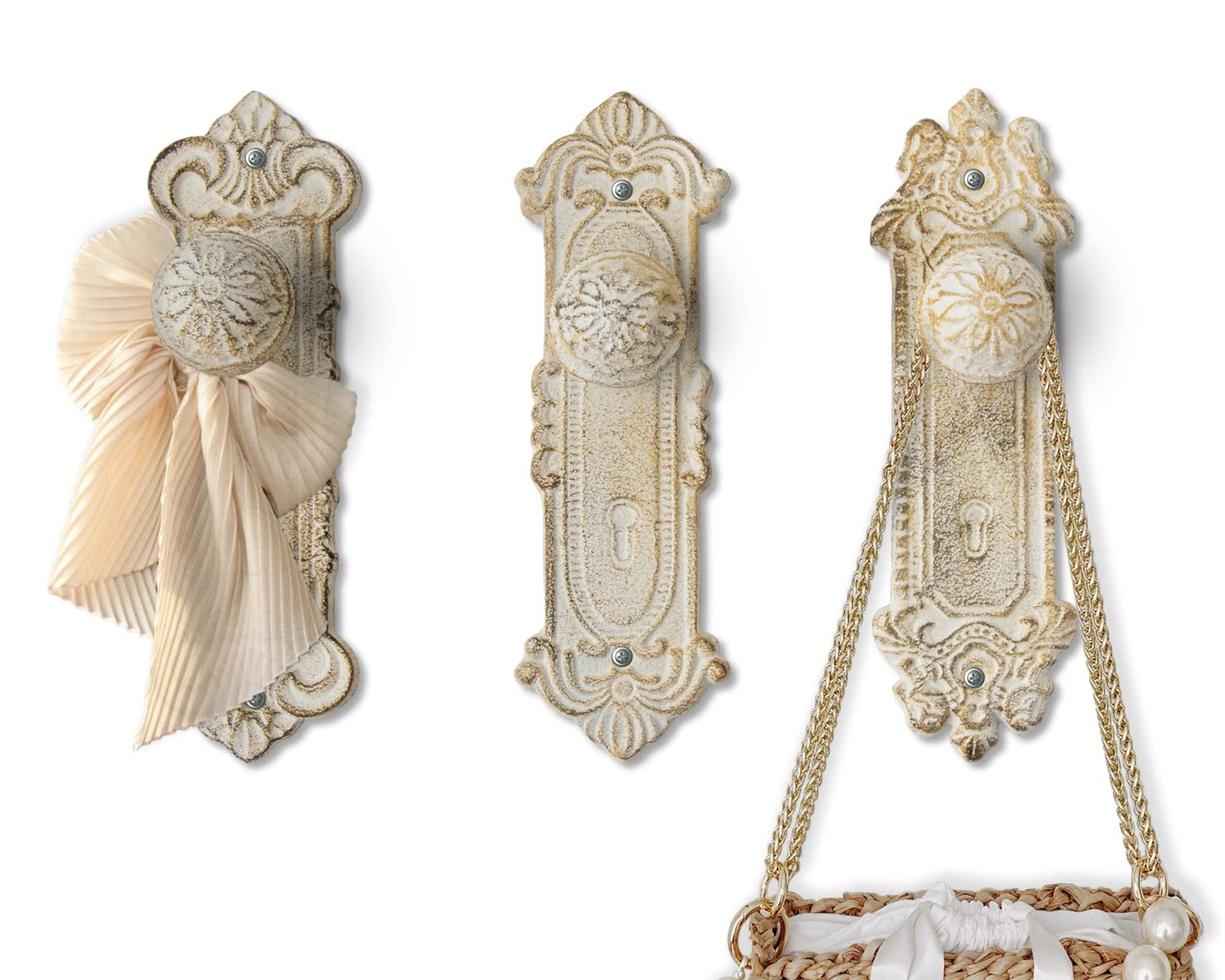 Comfify Shabby Chic Cast Iron Decorative Wall Mounted Hooks - Rustic White - Door Knob Coat Hooks - Set of 3 - Screws and Anchors Included - Antique Wall Hooks for Hanging Clothes