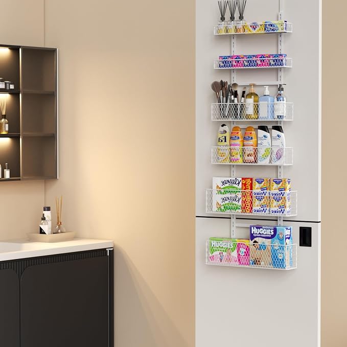 6-Tier Over The Door Pantry Organizer,Hanging Spice Rack,Grid Basket,White | Height Adjustable,Large Capacity,Grid Base for Stable Stoage,For Pantry Door,Laundry Room,Bathroom,Kitchen,D5.3xW15.7xH60.9in