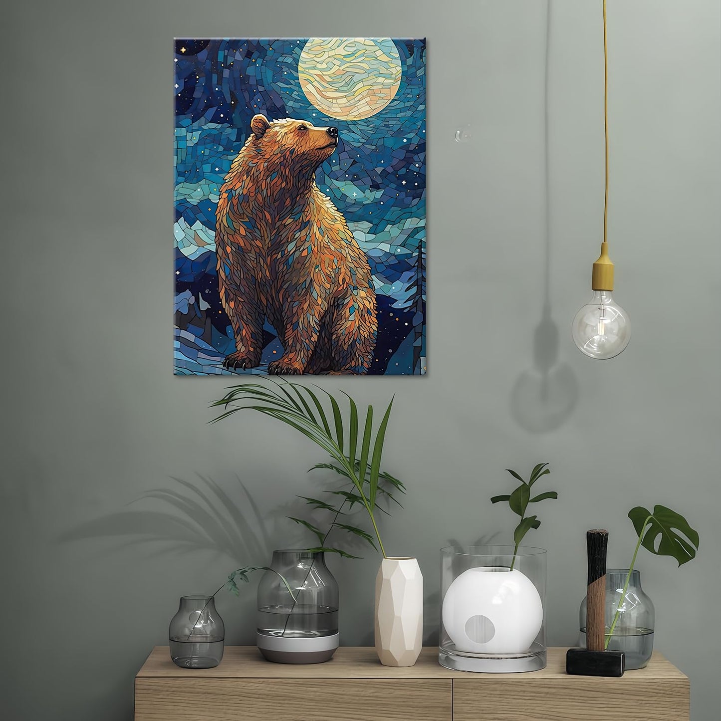 Mosaic Bear Wall Art,Starry Sky Dreamy Constellation Animal Canvas Print,Kid's Room Colors Wall Art,Wildlife Nature Home Decor,Modern Canvas with Framed Canvas Print,Framed 12 X 16in