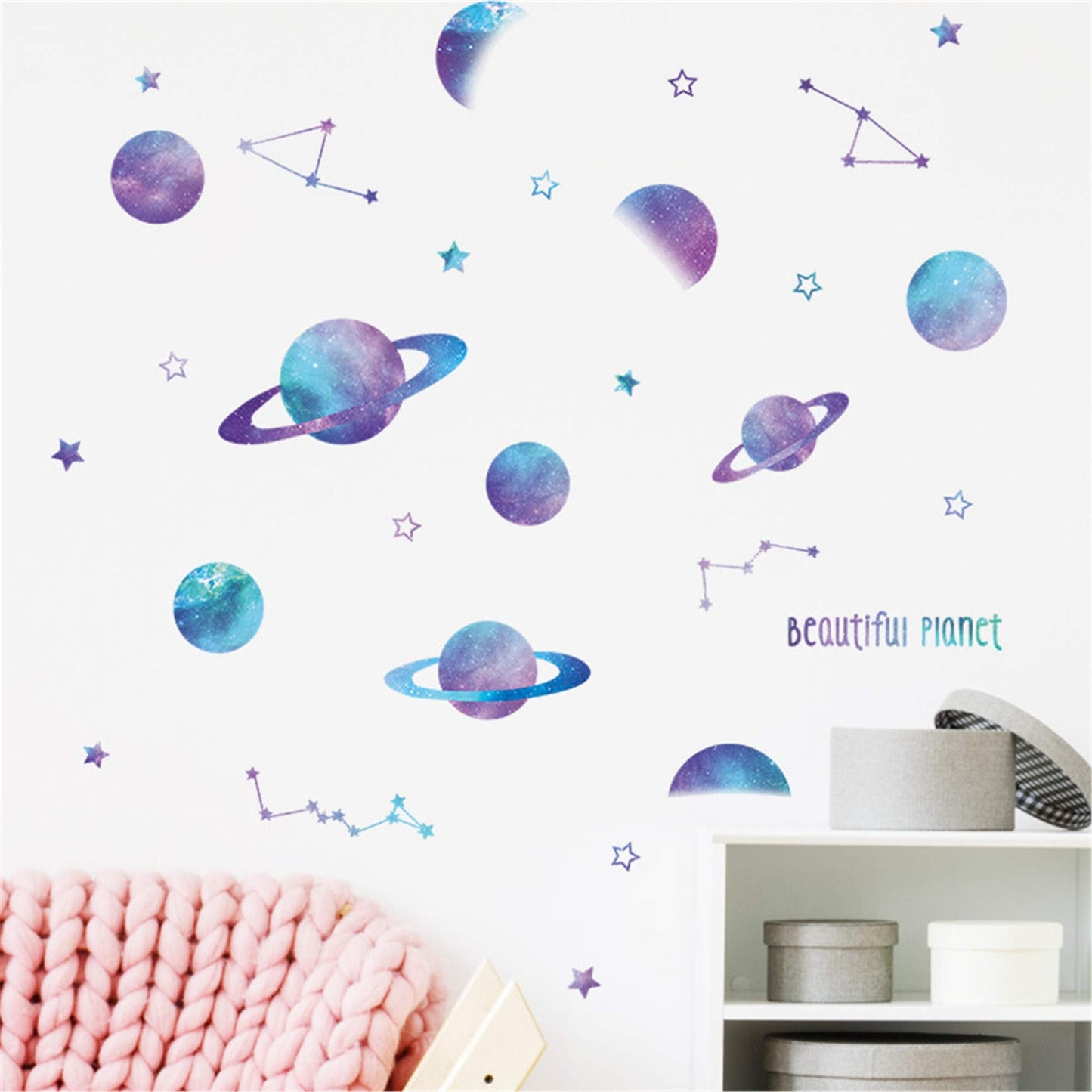 ROFARSO Beautiful Blue Planets Wall Stickers Outer Space Stars Constellation DIY Vinyl Removable Large Wall Decals Art Decorations Decor for Kids Boys Bedroom Living Room Playing Room Murals
