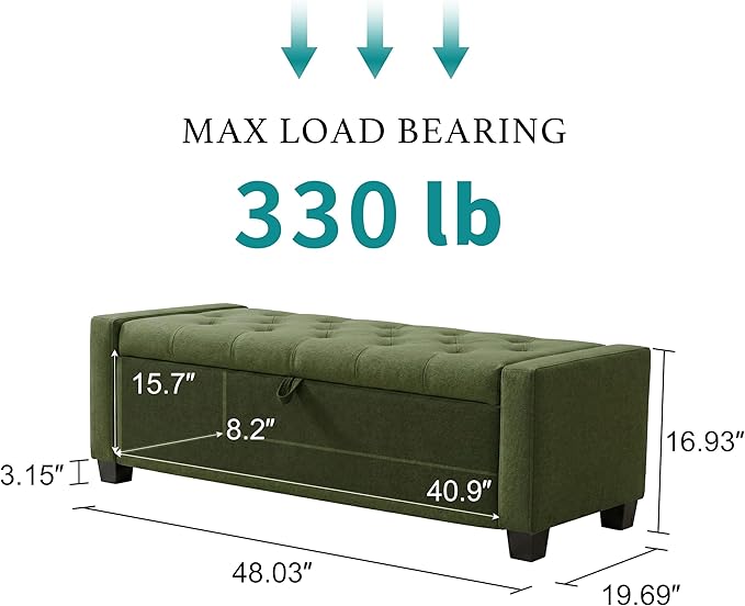 Huatean Home 48" Ottoman with Storage, Storage Ottoman Bench with Safety Hinge, Upholstered Entryway Bench with Seating for Bedroom, Living Room, Holds up to 330 lb, Green