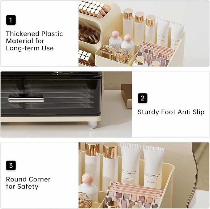 UFORU Makeup Organizer for Vanity with Brush Holder, Large Capacity Bathroom Countertop Skincare Organizer with 2 Drawers, Cosmetic Display Case for Perfumes, Eyeshadow Palettes, Nail Polishes
