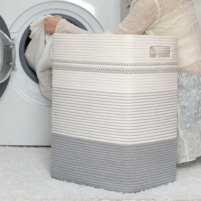 80L Large Cotton Rope Laundry Basket for Bedroom & Laundry Room, Tall Clothes Hamper with Sturdy Handles, Neutral Storage Bin Capable of Holding Blankets and Toys
