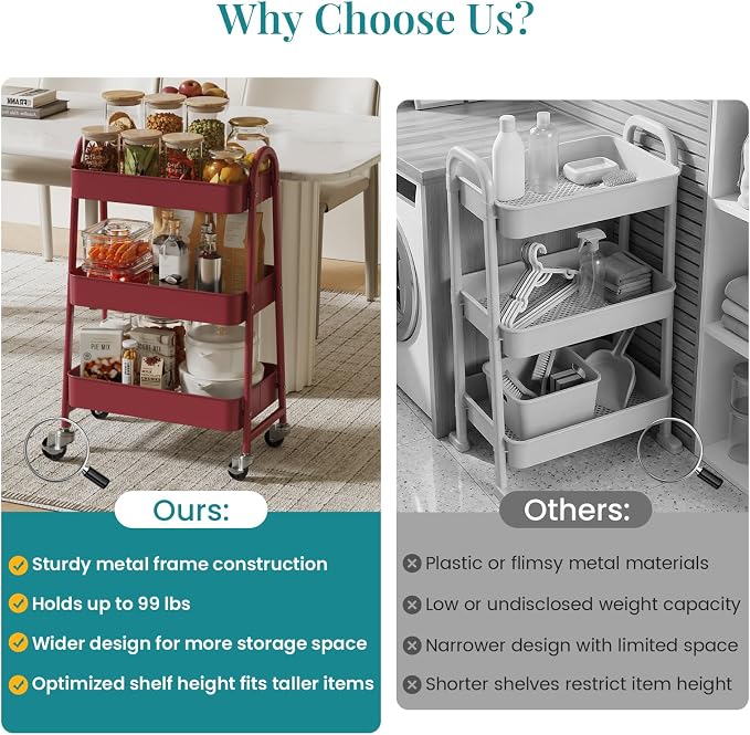 OLIXIS Metal 3 Tiers Utility Rolling Cart, Mobile Storage Shelf with Lockable Caster Wheels, Organization for Livingroom, Bathroom & Narrow Places, Red
