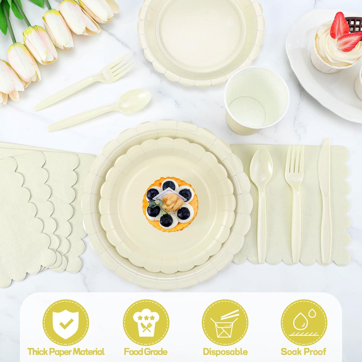 Xiangqu 175 Pcs Ivory Paper Plates and Napkins, Beige Party Supplies Include Scalloped Cream Plates Napkin Cup Plastic Cutlery for Wedding, Bridal&Baby Shower, Birthday