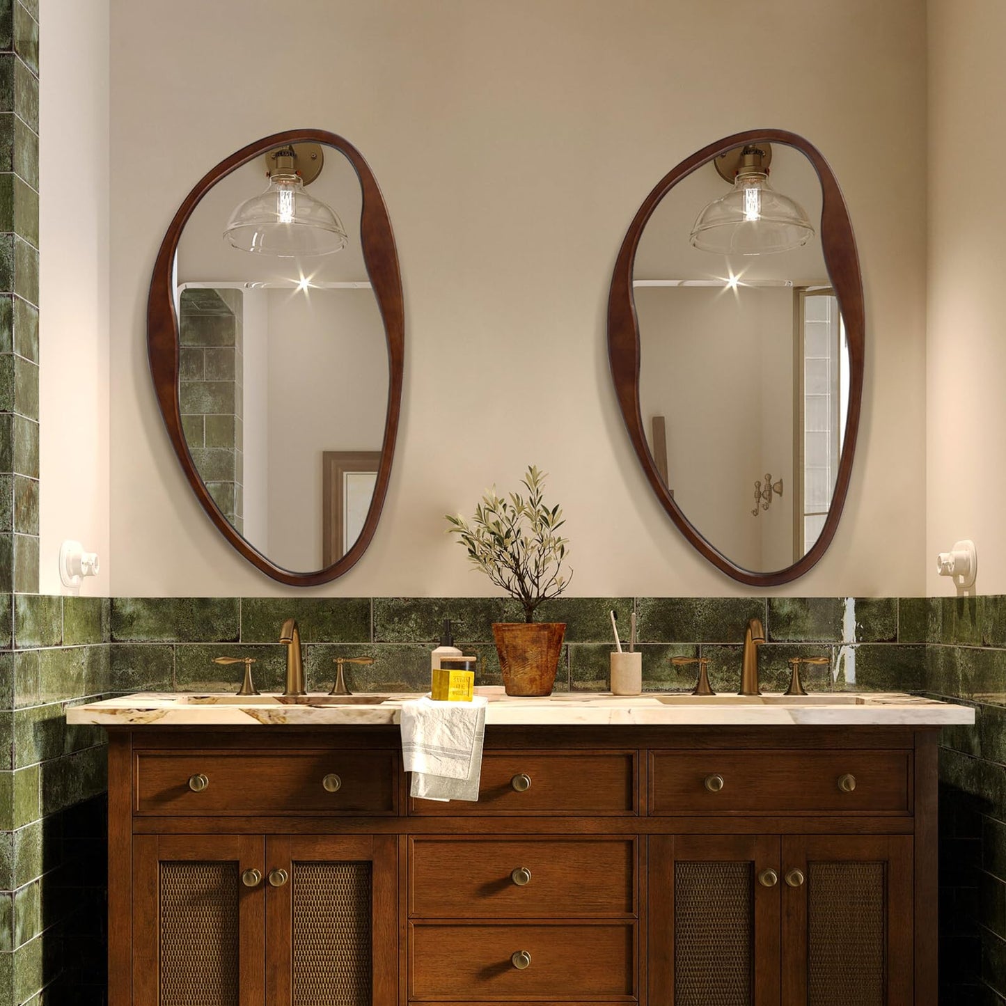 Fitous Asymmetrical Wood Mirror, Irregular Wall Mirror, Walnut Wooded Framed Wave Mirrors for Bathroom, Bedroom, Living Room, Entryway, Farmhouse Mid Century Modern Mirrors(36" H x 20" W)