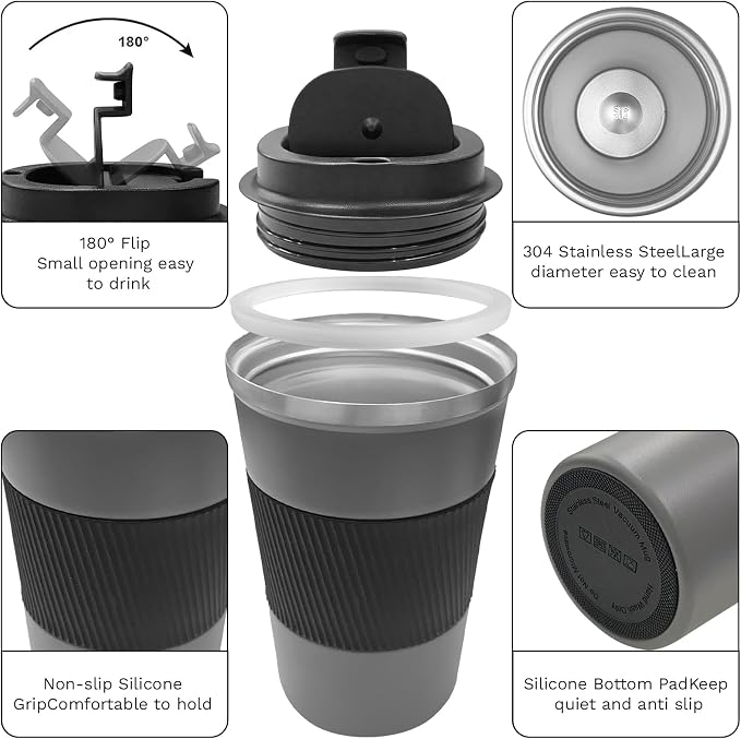 YINBAOGE Insulated Travel Coffee Mug, Spill & Leak Proof, Portable To Go Camping Stainless Steel Coffee Tumbler, Reusable Thermal Coffee Cup with Lid for Hot & Cold Drinks (Grey, 17 OZ)