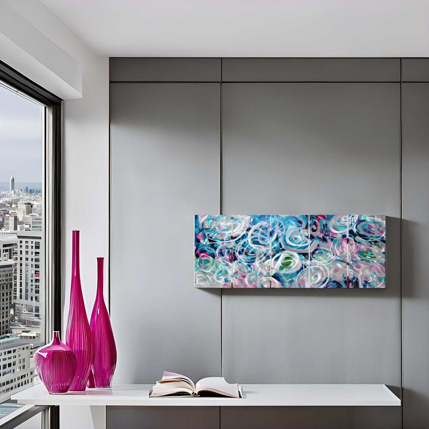 RICHSPACE ARTS Large Flower Field Metal Wall Art with 3D Texture 5 Pieces Blue and Pink Modern Wall Decor Hanging Sculptures for Living Room Bedroom Office Home Gift Ideas