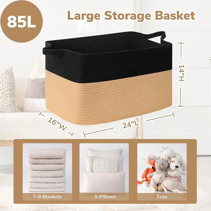 Goodpick Large Woven Blanket Basket 23.6" x 15.7" x 13.8" Cotton Rope Storage Organizer for Dirty Clothes Pillows, Wicker Storage Basket for Living Room Bedroom, Black & Jute