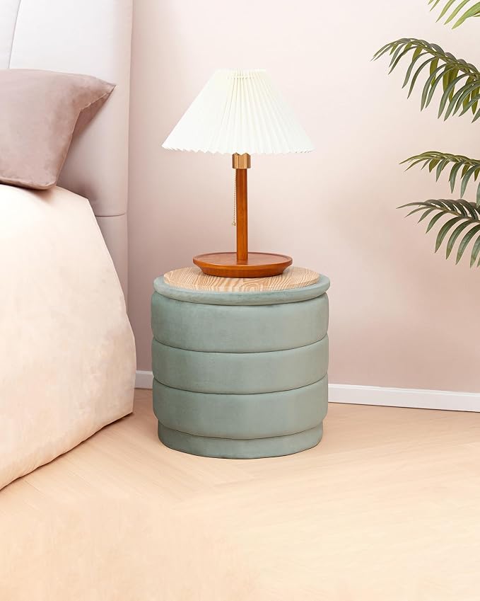 B FSOBEIIALEO Round Velvet Storage Ottoman with Tray, Folding Ottoman with Storage Coffee Table Foot Rest for Dorm Room, Living Room Sage, 15.35"x15.35"x14.57"