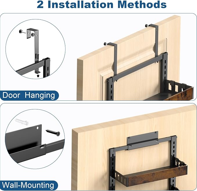 BUKFEN 8-Tier Over the Door Pantry Organizer, 2-in-1 Door Hanging or Wall Mounted Spice Rack, Heavy Duty Metal Storage Shelves with Adjustable Wooden Baskets for Kitchen Bathroom Closet