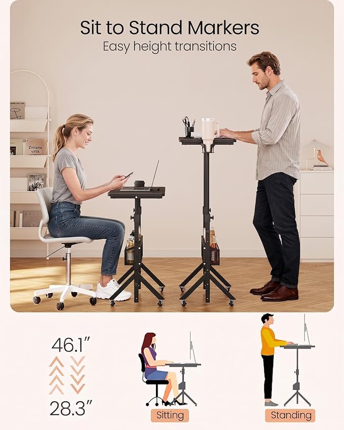 ErGear Mobile Standing Desk with Wheels, Adjustable Height 28.3″ to 46.1″, Rolling Laptop Cart with Cup Holder, Storage Basket, Computer & Pen Slot, Home Office Stand Up Desk, Black (31.5″ x 15.75″)