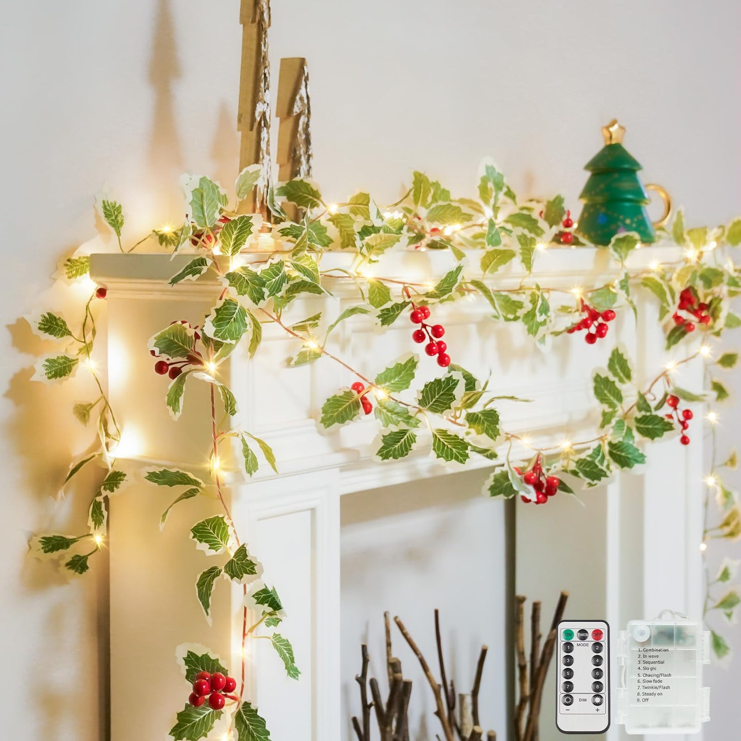suddus 40 LED Christmas Fairy Lights Battery Powered,12.5ft Vine String Lights with Red Berries & Holly Leaf Timer Remote, Artificial Garlands for Fireplace, Bedroom,Porch,Door,Table,Stairs,Xmas Decor