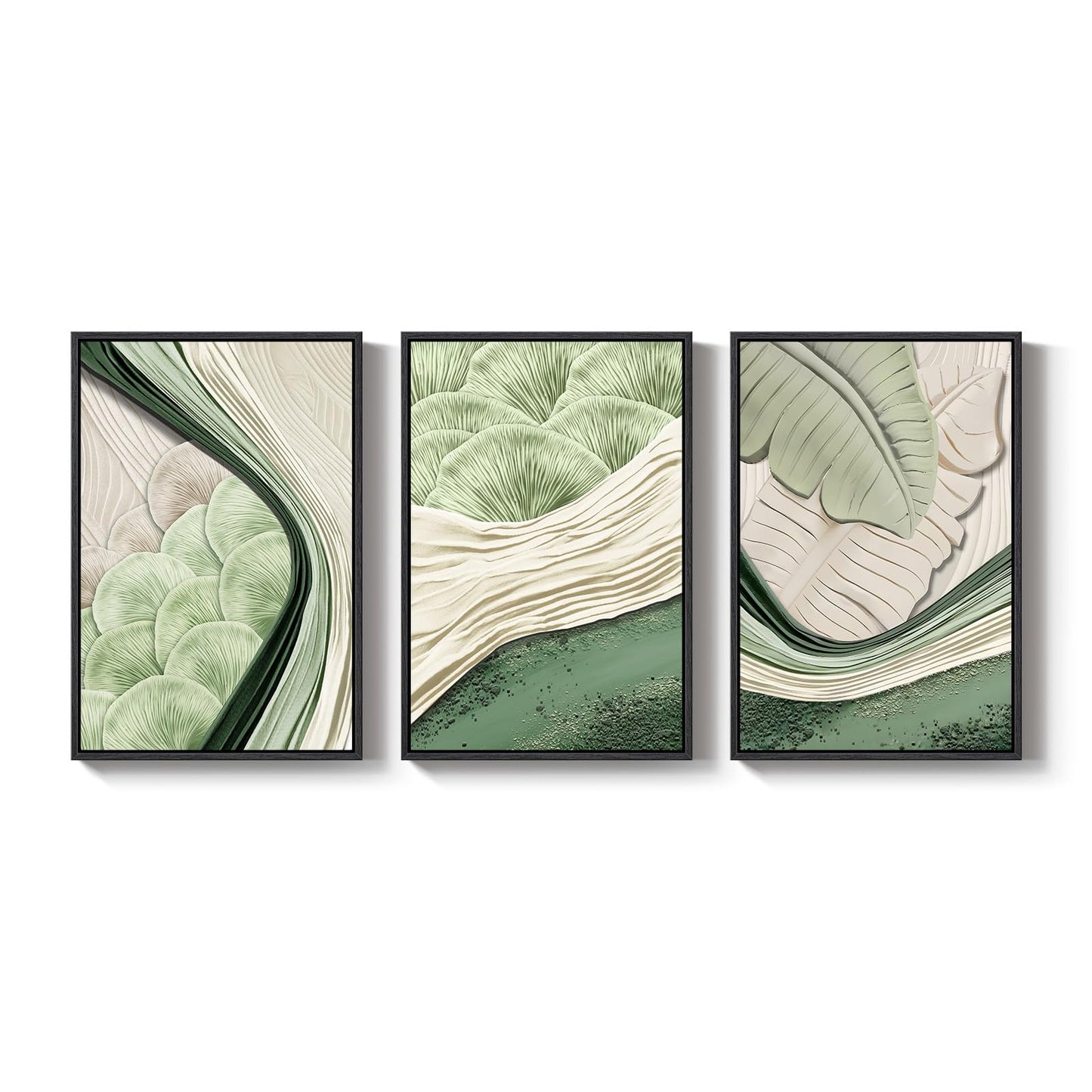 Framed Green Abstract Wall Art Bedroom, 3 Piece Botanical Modern Minimalist Canvas Print Artwork for Walls, Leaf Paintings Pictures for Small Living Room Dining Room Office Wall Art Decor, 16x24 Inch