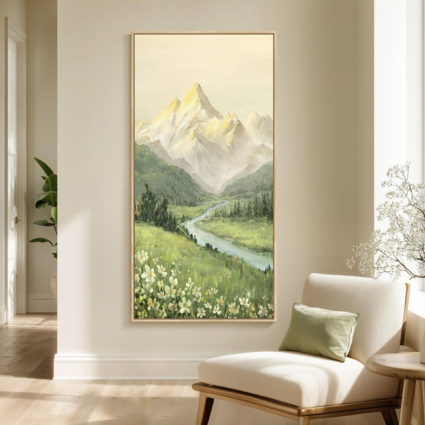 Framed Large Mountain Wall Art for Living Room, Vertical Green Forest Landscape Canvas Artwork for Walls, Nature Scenery Painting Print for Hallway Entryway Stair Home Office Wall Decor, 30x60 In