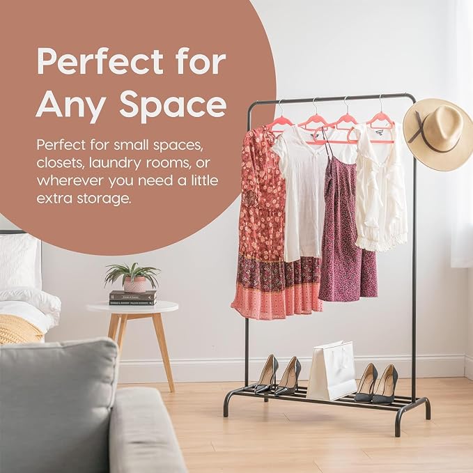 IRIS USA Clothes Rack with 2 Wood Shelves, Freestanding Clothing Racks for Hanging Clothes, Easy to Assemble, Standing Metal Sturdy Garment and Accessories Rack, Plant Stand, White
