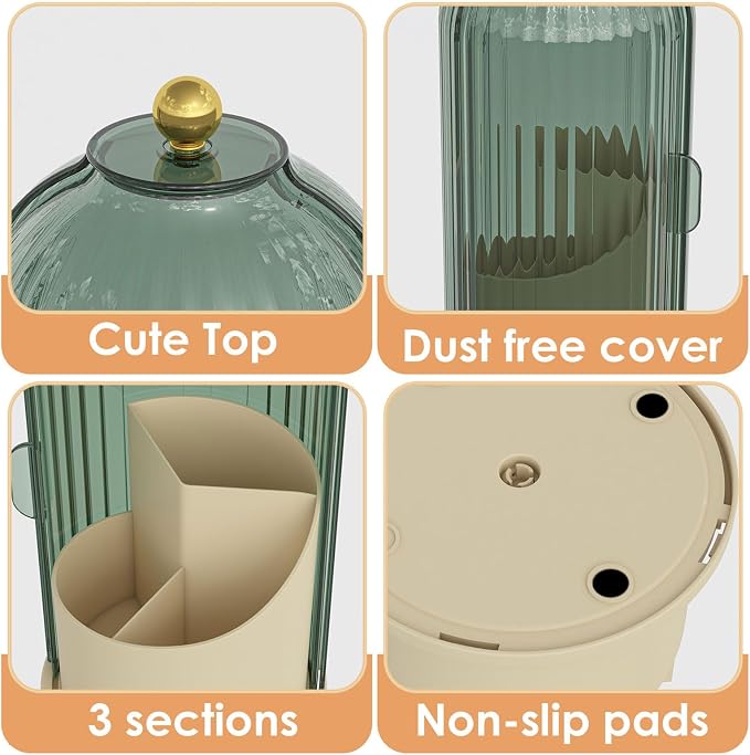 YOOLENS Makeup Brush Holder with Lid 360 Rotating Clear Dustproof Make Up Organizers for Vanity Bathroom Countertop, Green Beige