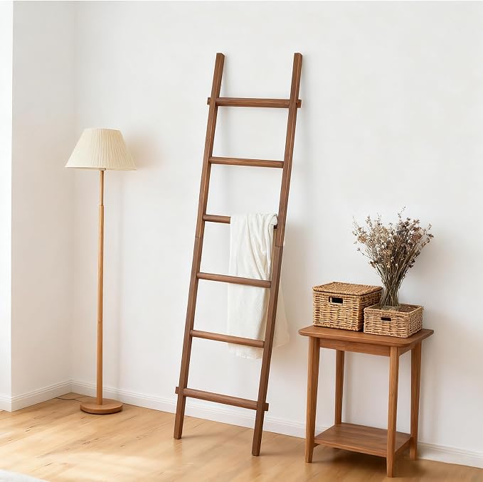 Wooden Blanket Ladder - Natural & Motley Wood - Leaning Wall Decor for Bedroom, Bathroom, Living Room - Rustic Quilt Holder & Towel Rack (Walnut Color, 76in（6-Tier）)
