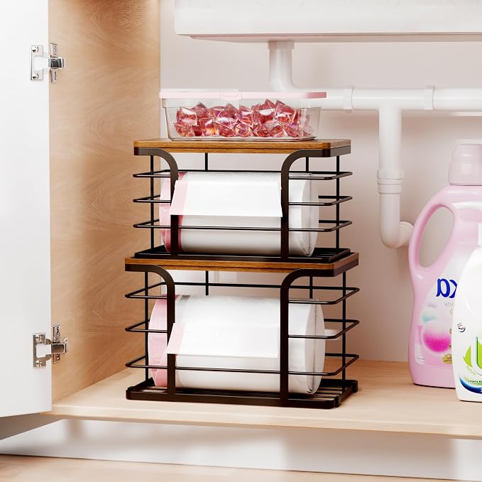 2 Pack Storage Stackable Kitchen Laundry Pantry Organizers,Wall Mount Trash Bag Holder Dispenser with Bamboo Top Countertop Organizer,Brown