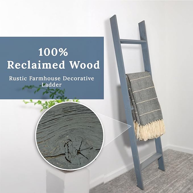 BARNWOODUSA Throw Blanket Ladder – Fully Assembled Reclaimed Wood – Rustic Decorative Ladder for Towels, Quilts, & More – Perfect Decor for Bathroom, Porch, or Living Room,5-foot Slate Blue