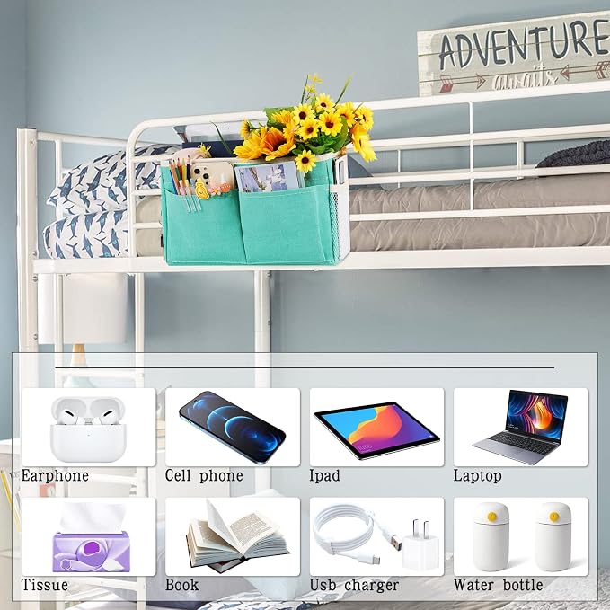 Bedside Caddy Bedside Storage Organizer Hanging Bunk Bed Dorm Room with Side Pockets for Water Bottles, Books, Cell Phones, Headphones (Light Blue)