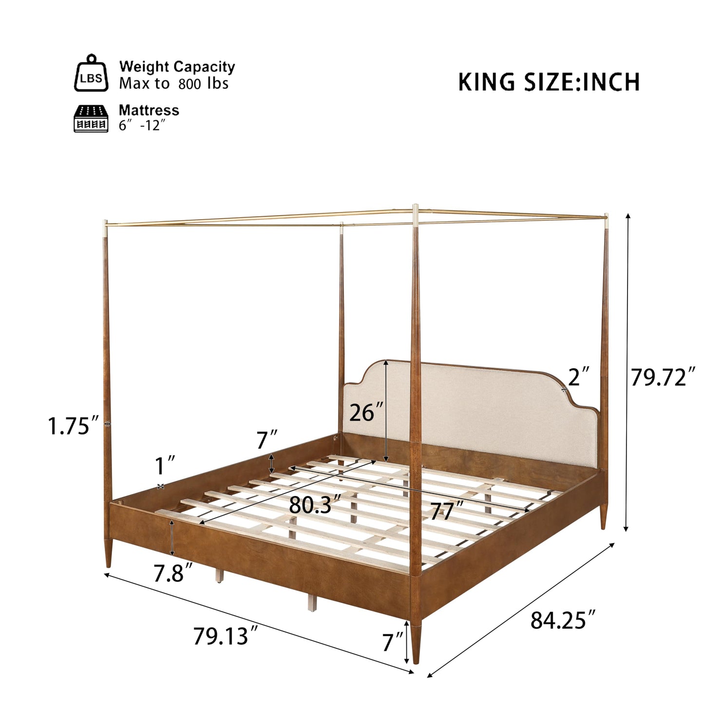 Christopher Knight Home Calos Canopy Bed Frame King Size with Upholstered Headboard, Solid Wood Four-Poster Platform Bed Frame, Wooden Slats Support, No Box Spring Needed, Easy Assembly, Brown