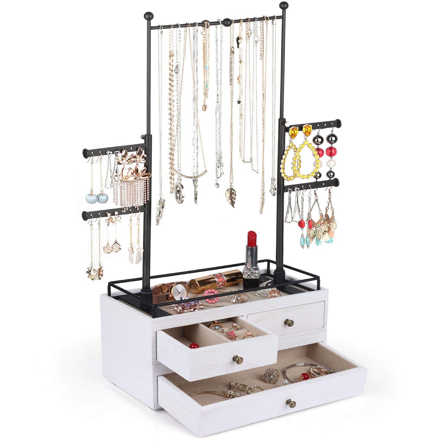 OLAKEE Jewelry Organizer - 2 Layer Wooden Jewelry Drawer Storage Box with 6 Tier Jewelry Tree Stand, Jewelry Display for Necklaces Bracelet Earring Ring (Rustic White)