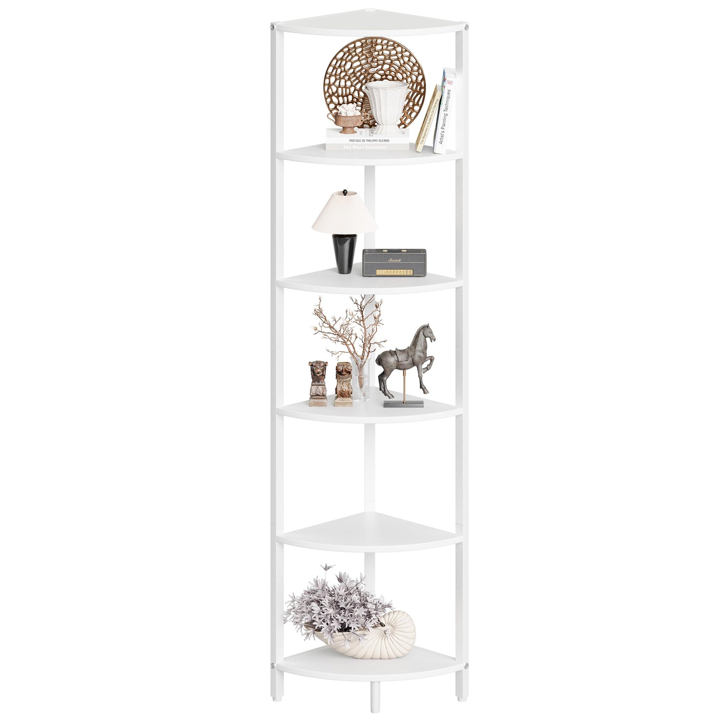 IRCPEN 6 Tier Corner Shelf 63.1" Tall Corner Shelves Stand Ladder Shelf Metal Standing Bookshelf Organizer Display Rack Bookcase Plant Stand Industrial Rustic for Living Room Bedroom White CS-001W1
