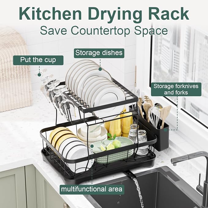 LIYI Dish Drying Rack,Large Dish Rack for Kitchen Counter,2-Tier Dish Racks with draining Tray,Detachable Capacity Dish Drainer Organizer,Black