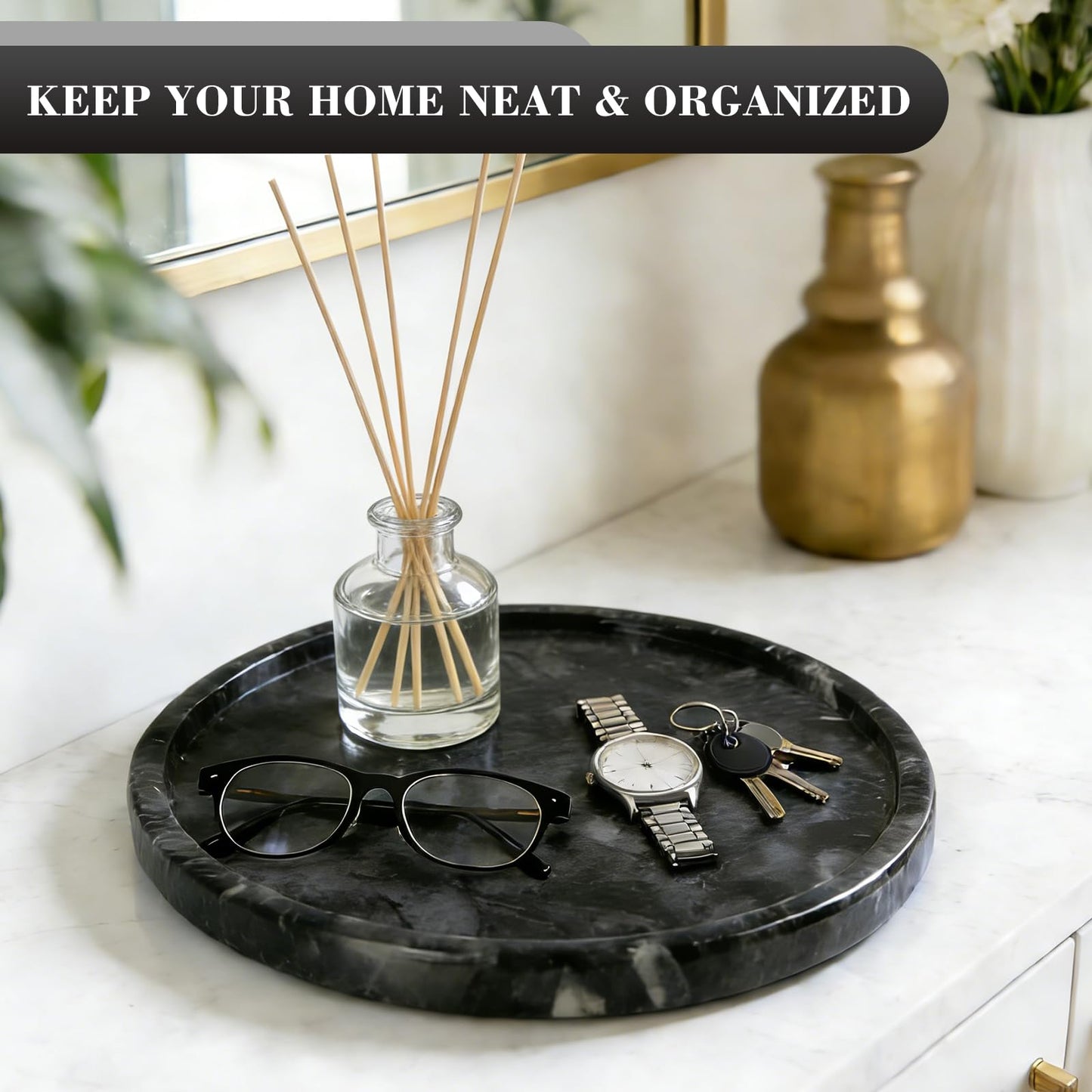 Woduelka Natural Round Marble Tray - 7.8" Marble Vanity Tray for Dresser, Bathroom, Decorative Jewelry Dish for Perfumes Rings Earrings Necklaces, Stone Tray for Home Décor, Black