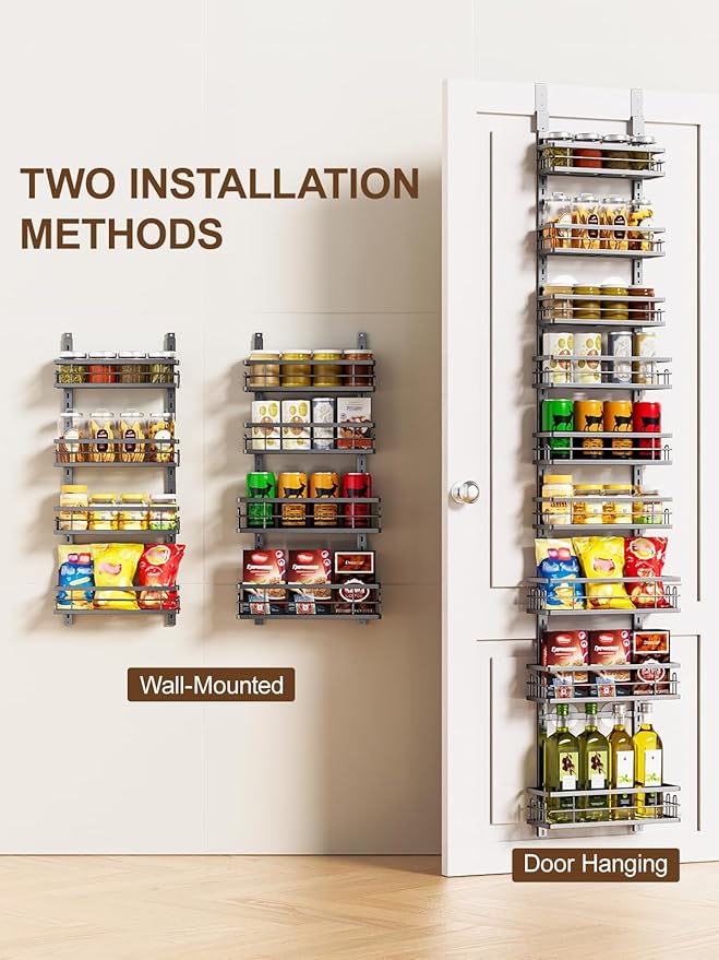 Delamu 9-Tier Over the Door Pantry Organizer, Adjustable Pantry Door Organizers and Storage, Metal Hanging Basket Wall Spice Rack Seasoning Organizer, Door Organizer Kitchen Bedroom Bathroom,12"Black