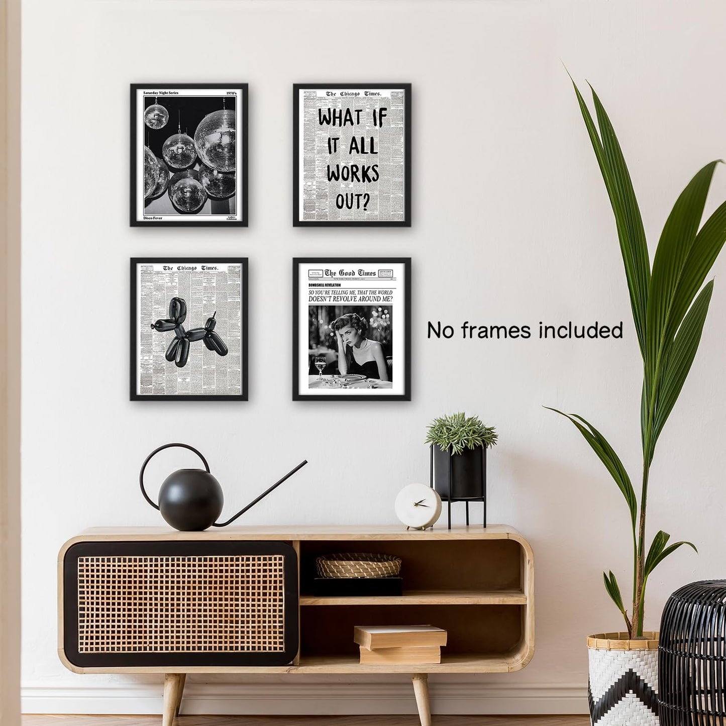NaZaUK Funky Retro Y2K Wall Art, Black and White Newspaper Wall Art Posters Set of 4, Prints for Bedroom Decor, Trendy Preppy Aesthetic Prints, Sufeasdf 70s Disco Ball, Bar Cart Decor, 8x10 Unframed