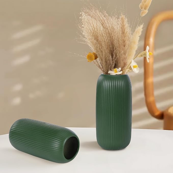 Ceramic Vase for Flowers – Modern Small Ribbed Textured Flower Vase for Home Decor, Pampas Grass, Decorative, Farmhouse, Coffee Table, Kitchen Centerpieces, Bookshelf and Home Living(Green)