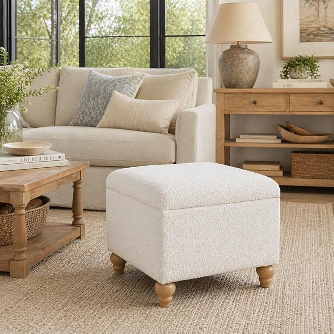 Spatial Order Home Decor | Upholstered MediumRectangular Storage Ottoman | Hinged Lid Ottoman with Storage for Living Room & Bedroom, Cream Boucle