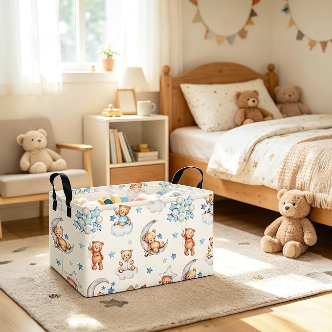 Rectangular Cute Bear Pattern Storage Bin, Decorative Canvas Laundry Basket with Dual Handles, Foldable Toy & Household Organizer, Multipurpose Party Gift Basket for Home Bedroom Dorm