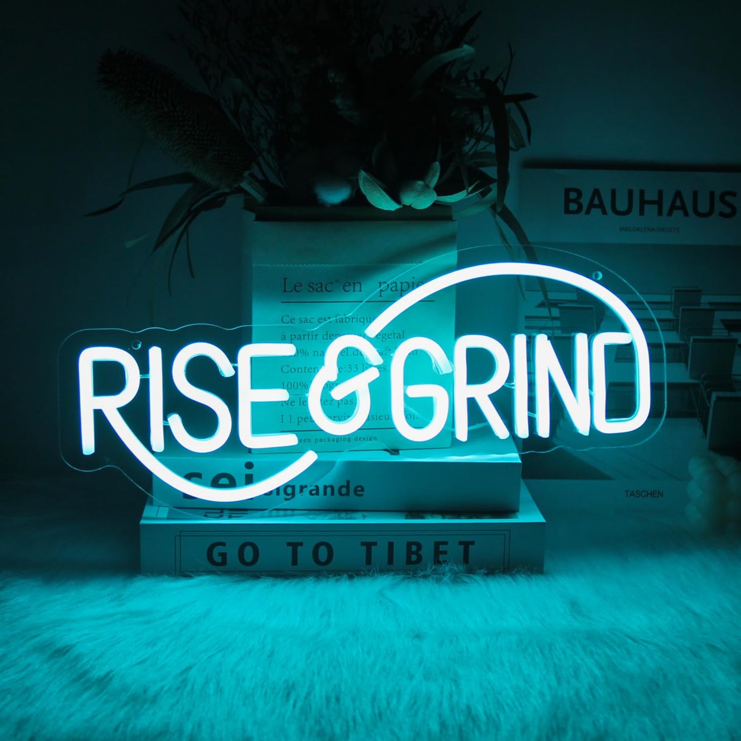 Rise & Grind Neon Sign Hustle LED Neon Signs for Wall Motivational Decor Ice Blue Letter Neon Light Inspirational Neon Wall Art Light Up Signs for Bedroom Office Gym Sports Room Man Cave Decor