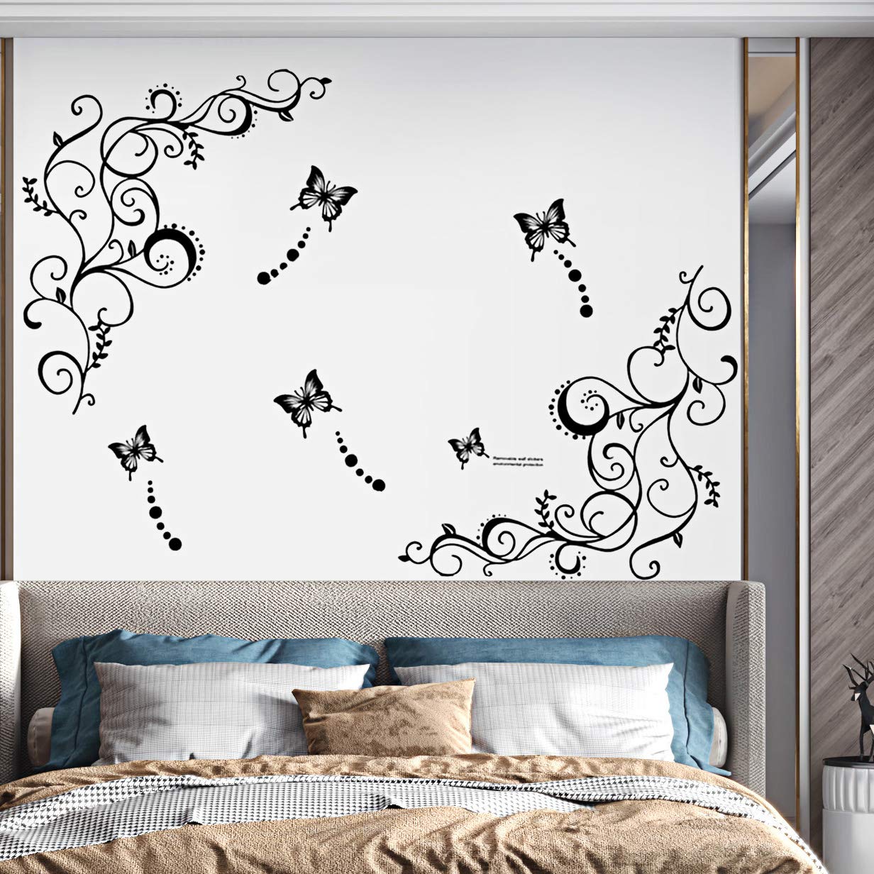 Hot Fashion Removable Vinyl DIY Black Nursery Flowers Vine and Beautiful Butterfly Wall Corner Decals Wall Sticker Murals Home Art Decor for Girls Kids Bedroom Living Room Home Decorations
