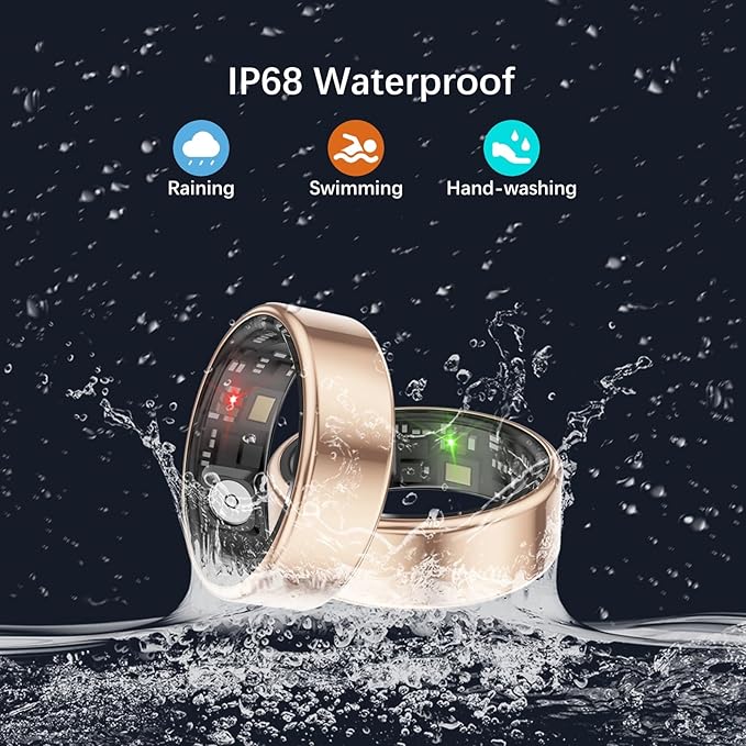 Smart Health Rings for Women Men, Fitness Tracker with Heart Rate, Blood Oxygen, HRV, Sleep Tracker, Step Tracker, No Subscription Fee, IP68 Waterproof Smart Ring for iphone & Android (Gold, 12#)