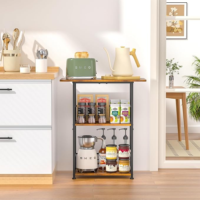 Jsskeeim Mini Floor Standing Coffee Bar Shelf,3-Tier Small Coffee Table,Corner Farmhouse Coffee Bar Cabinet;Dining Room, Living Room-Capsules,Coffee Maker(Brown+Black)