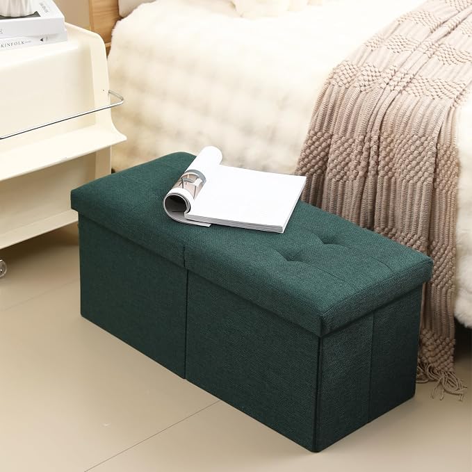 Storage Ottoman Bench Foldable Seat Footrest Shoe Bench End of Bed Storage with Flipping Lid, 75L Storage Space, 30 inches Linen Fabric Emerald, OT026DGN