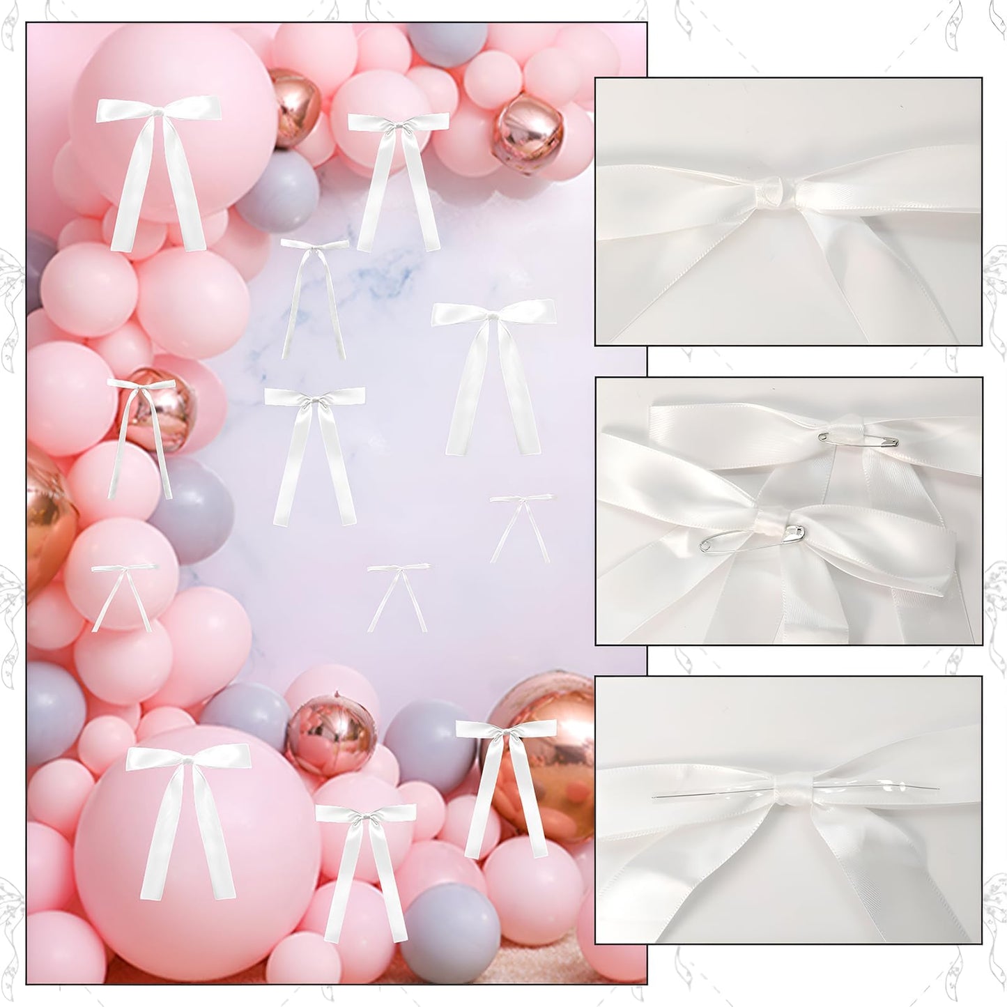 GZIXBDA 48Pcs White Bow Wall Decor, Satin Ribbon Bow Birthday Decorations Photo Backdrop Party Decor for Birthday Baby Shower Bachelorette Wedding Party Room Bedroom