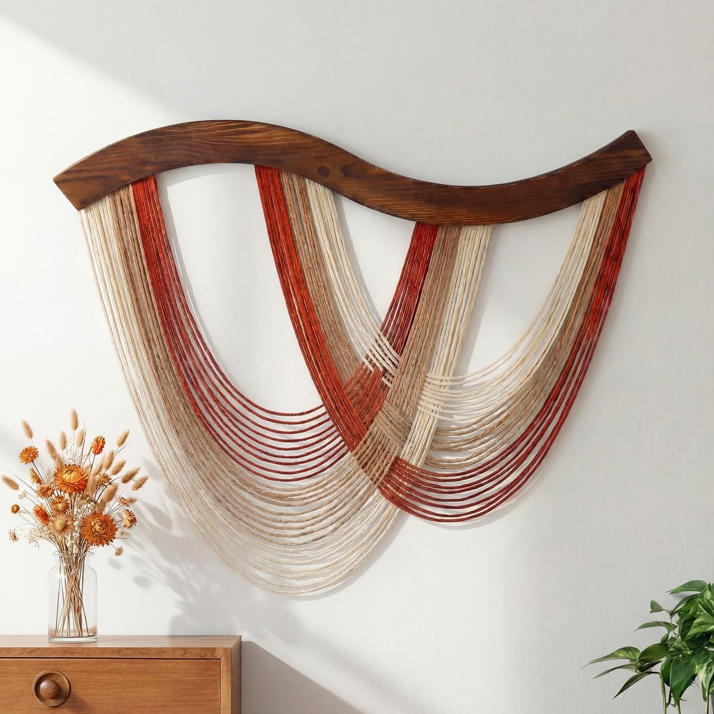 Mindsoft Warm Neutral Macrame Wall Hanging Dip Dyed Yarn Wall Art, Modern Boho Decor Handmade Cotton Rope Tapestry for Bedroom, Living Room, Nursery, 31.5 x 23.6 Inch