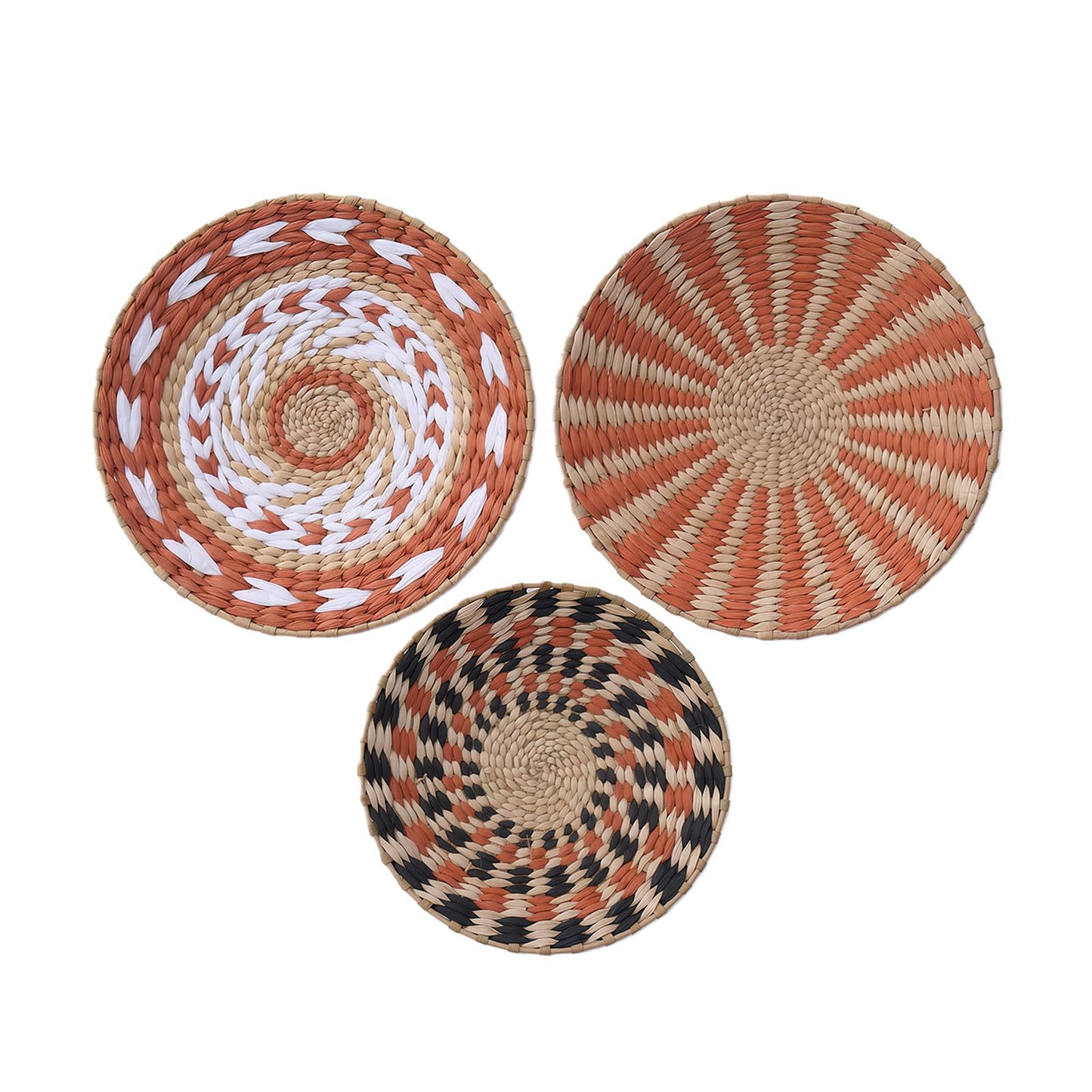 Pwryon Deosur 3PCS Boho Wall Basket Decor – Handmade Bulrush Woven Tray Baskets for Wall Hanging, Rustic Farmhouse Wall Art for Living Room & Bedroom (Orange)