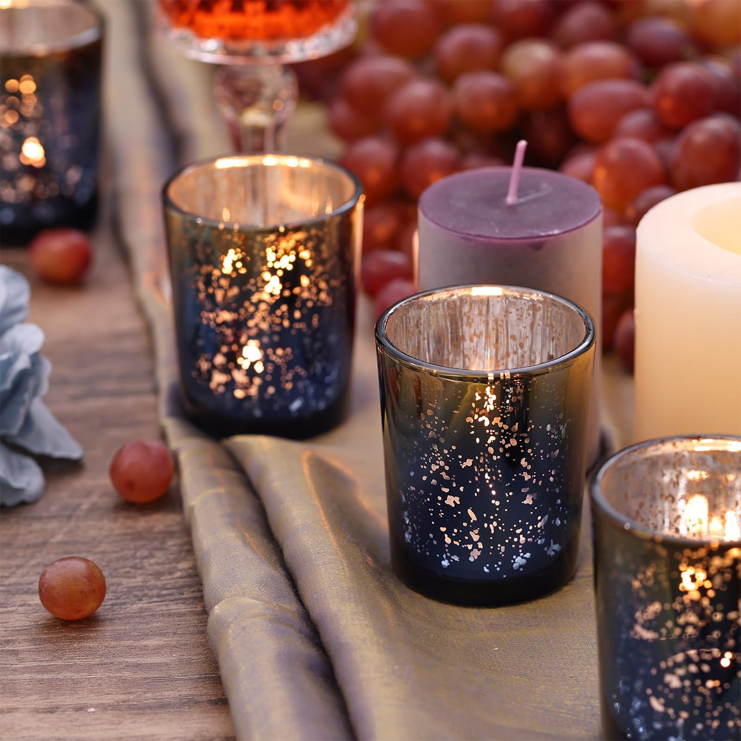 Volens Navy Votive Candle Holders Set of 12, Speckles Mercury Glass Tealight Candle Holder Bulk for Table Wedding Centerpiece, Navy Blue and Gold Themed Party Decorative & Home Decor
