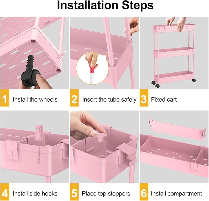 SPACELEAD Slim Storage Cart 3 Tier,Bathroom Organizer Rolling Utility,Mobile Shelving Unit Slide Out for Office, Kitchen, Laundry Room & Narrow Places,Pink