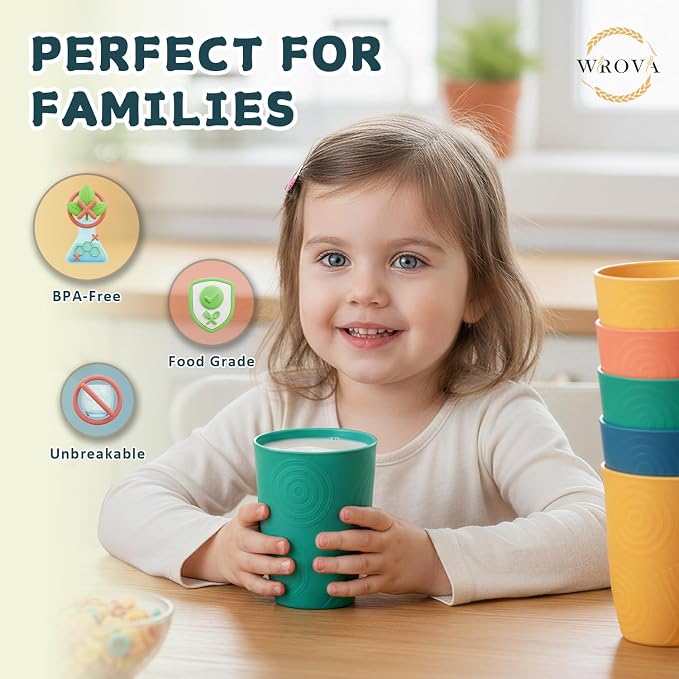 Wrova Wheat Straw Cups Set of 8, 12oz Kids Cups Unbreakable Drinking Cups Alternative to Plastic Cups Reusable, Dishwasher Safe Water Tumbler Set for Kitchen,Camping- Vibrant
